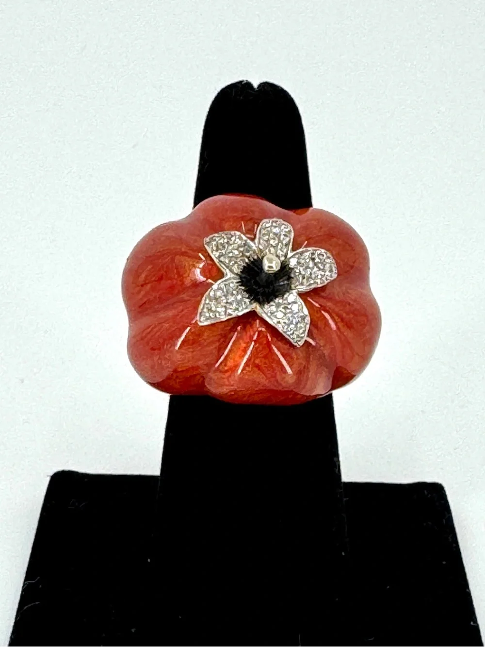Vintage Floral 18k Gold Enamel Statement Ring with Pave Diamonds